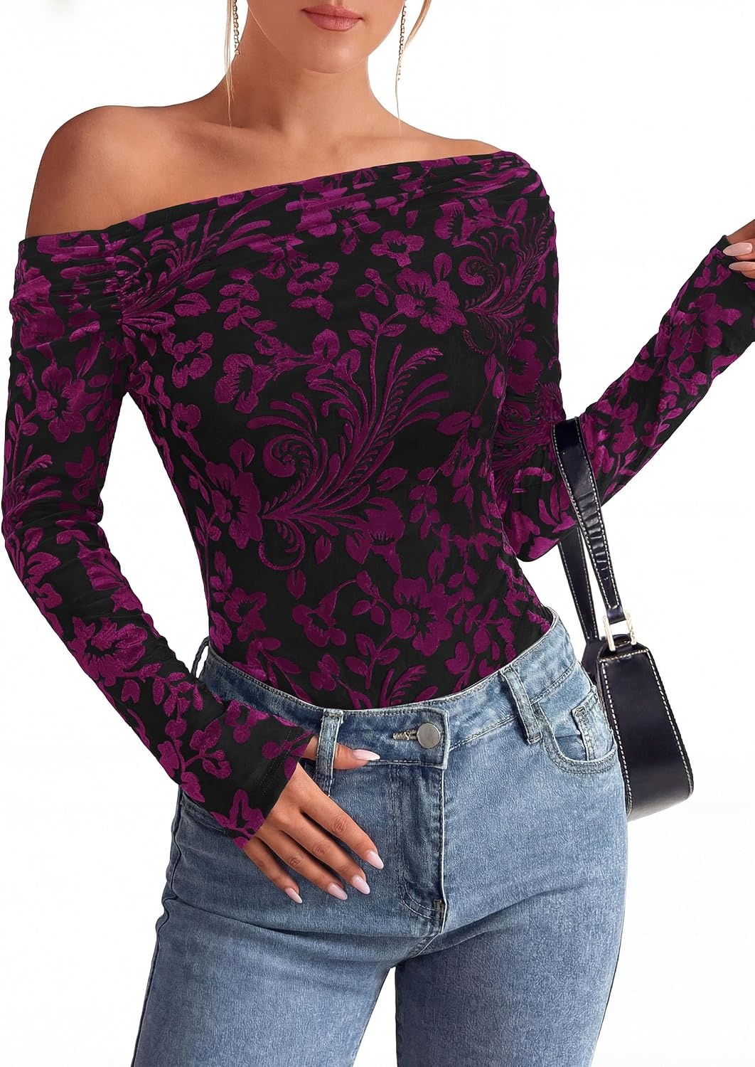 image:imagePRETTYGARDEN Women Trendy Off the Shoulder Floral Tops Lightweight Stretchy Mesh Blouse Flocked Print Long Sleeve Slim Fit Shirts Fall Spring Outfits for Date Night Going OutBlack Red