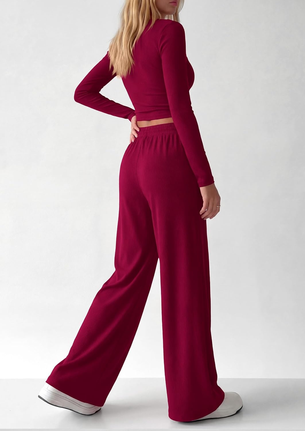 image:imagePRETTYGARDEN Womens 2 Piece Lounge Sets Matching Clothing V Neck Long Sleeve Tops Wide Leg Pants Pockets Airport Travel Outfits Soft Ribbed Knit Drawstring Waist Fall Resort WearBurgundy