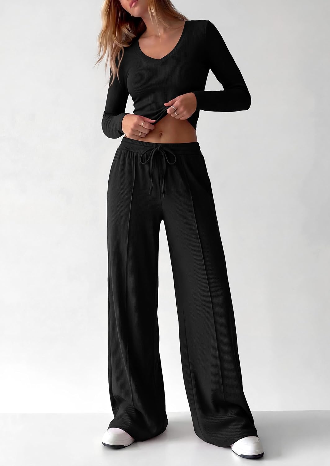 image:imagePRETTYGARDEN Womens 2 Piece Lounge Sets Matching Clothing V Neck Long Sleeve Tops Wide Leg Pants Pockets Airport Travel Outfits Soft Ribbed Knit Drawstring Waist Fall Resort WearBlack