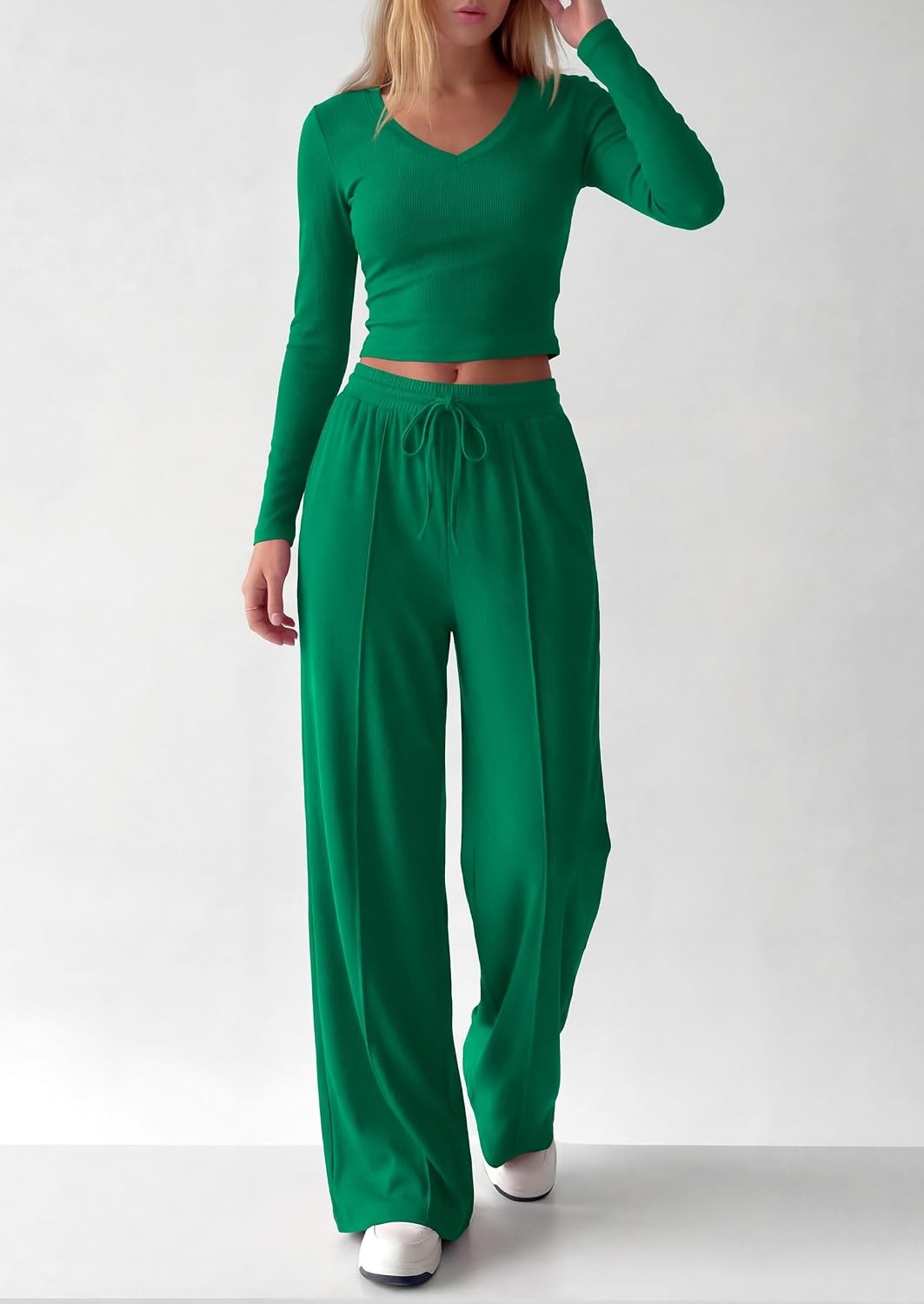 image:imagePRETTYGARDEN Womens 2 Piece Lounge Sets Matching Clothing V Neck Long Sleeve Tops Wide Leg Pants Pockets Airport Travel Outfits Soft Ribbed Knit Drawstring Waist Fall Resort WearGreen