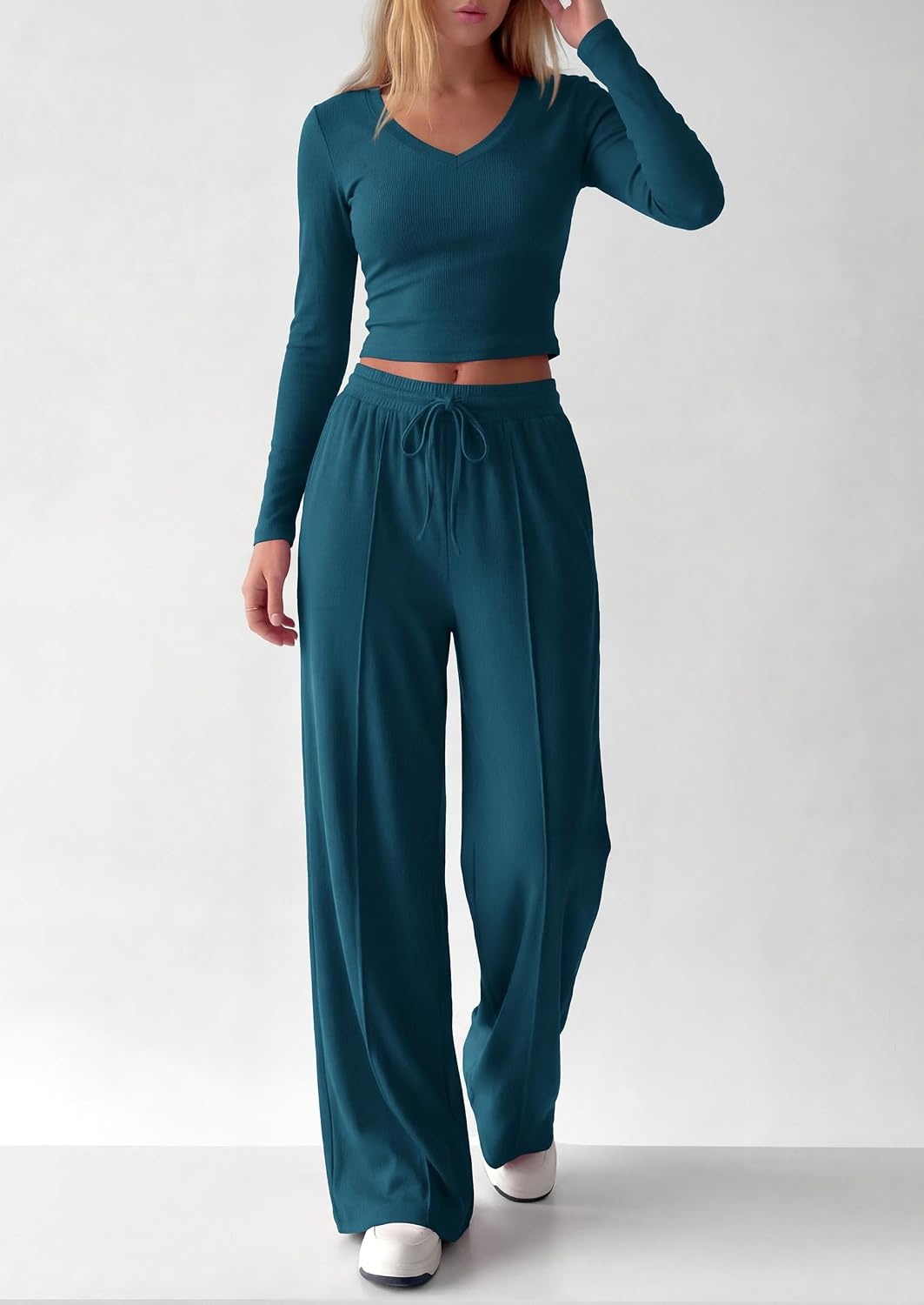 image:imagePRETTYGARDEN Womens 2 Piece Lounge Sets Matching Clothing V Neck Long Sleeve Tops Wide Leg Pants Pockets Airport Travel Outfits Soft Ribbed Knit Drawstring Waist Fall Resort WearLake Blue