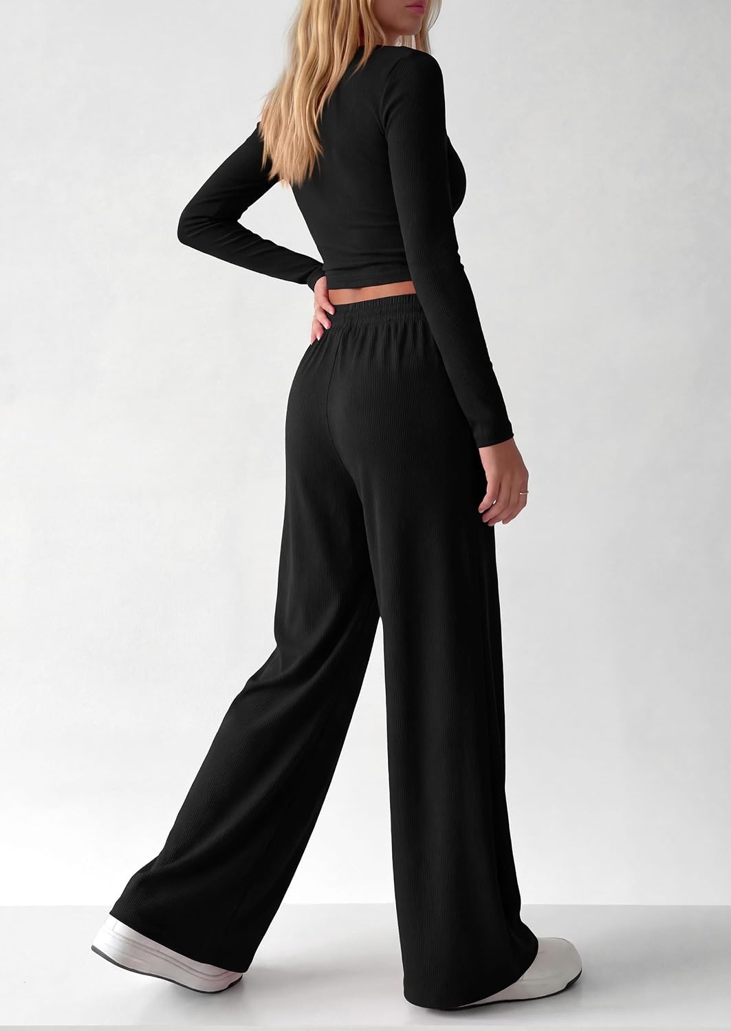 image:imagePRETTYGARDEN Womens 2 Piece Lounge Sets Matching Clothing V Neck Long Sleeve Tops Wide Leg Pants Pockets Airport Travel Outfits Soft Ribbed Knit Drawstring Waist Fall Resort WearBlack