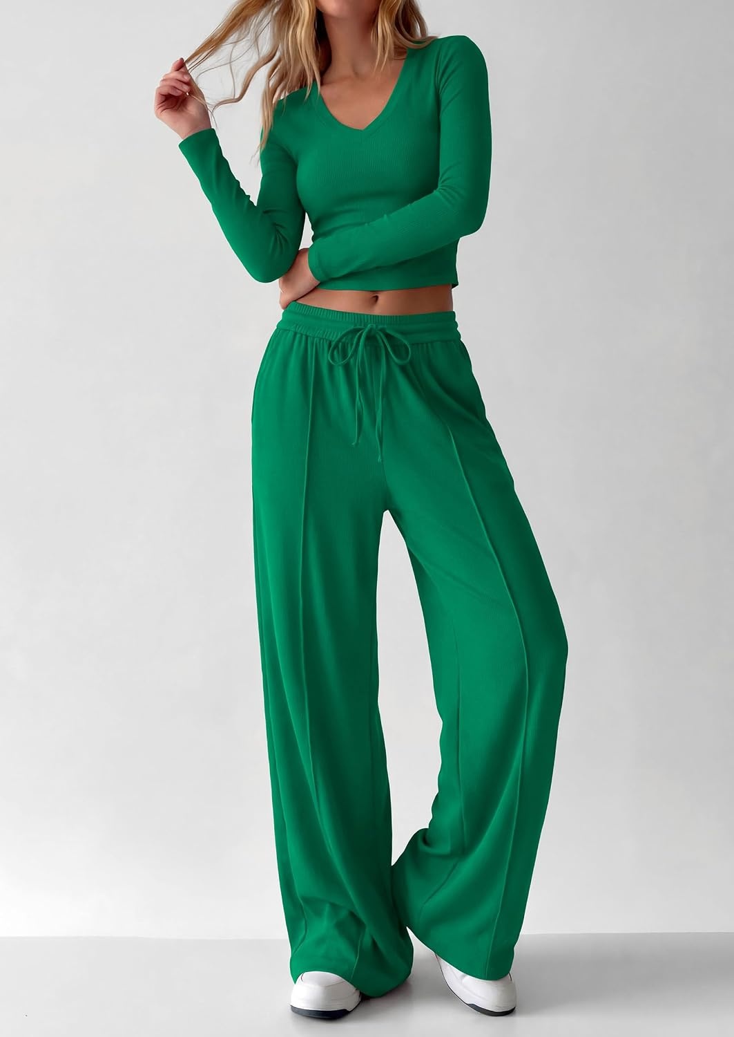 image:imagePRETTYGARDEN Womens 2 Piece Lounge Sets Matching Clothing V Neck Long Sleeve Tops Wide Leg Pants Pockets Airport Travel Outfits Soft Ribbed Knit Drawstring Waist Fall Resort WearGreen