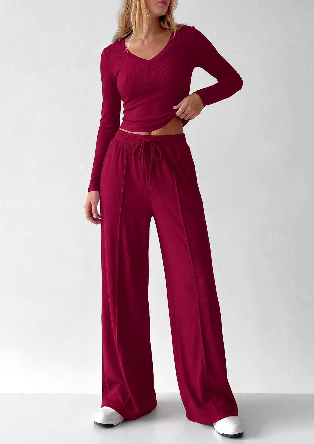 image:imagePRETTYGARDEN Womens 2 Piece Lounge Sets Matching Clothing V Neck Long Sleeve Tops Wide Leg Pants Pockets Airport Travel Outfits Soft Ribbed Knit Drawstring Waist Fall Resort WearBurgundy