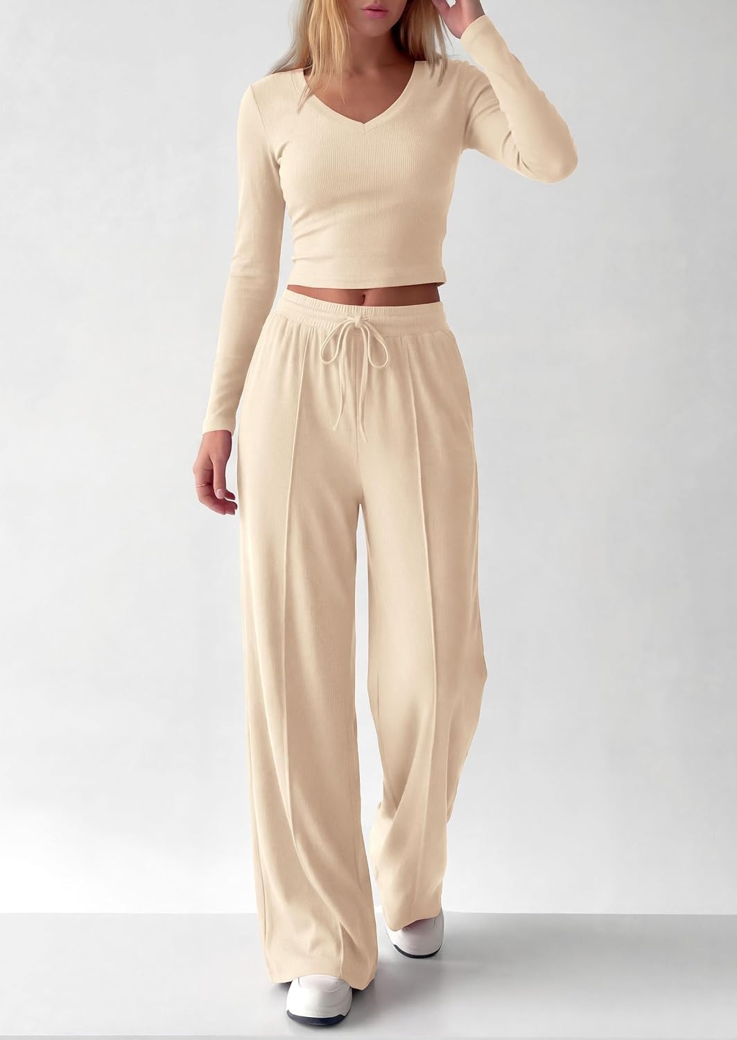 image:imagePRETTYGARDEN Womens 2 Piece Lounge Sets Matching Clothing V Neck Long Sleeve Tops Wide Leg Pants Pockets Airport Travel Outfits Soft Ribbed Knit Drawstring Waist Fall Resort WearBeige