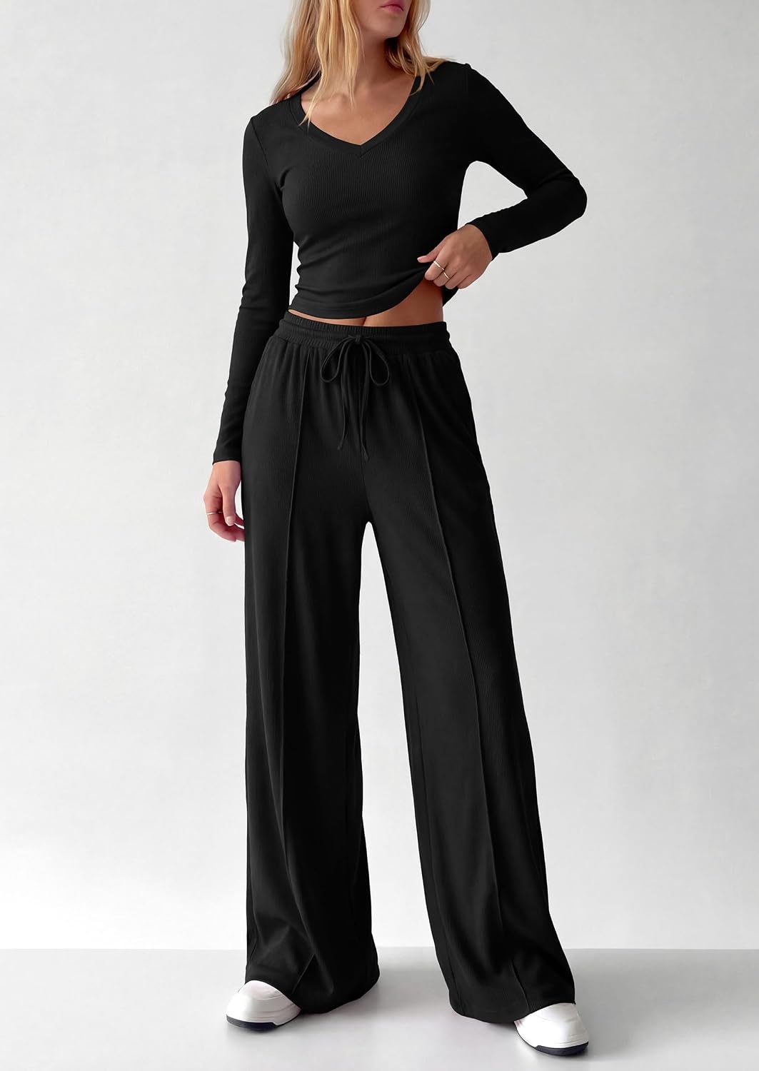 image:imagePRETTYGARDEN Womens 2 Piece Lounge Sets Matching Clothing V Neck Long Sleeve Tops Wide Leg Pants Pockets Airport Travel Outfits Soft Ribbed Knit Drawstring Waist Fall Resort WearBlack