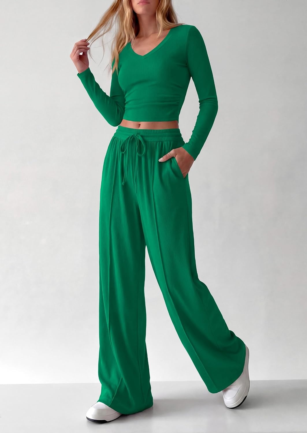 image:imagePRETTYGARDEN Womens 2 Piece Lounge Sets Matching Clothing V Neck Long Sleeve Tops Wide Leg Pants Pockets Airport Travel Outfits Soft Ribbed Knit Drawstring Waist Fall Resort WearGreen