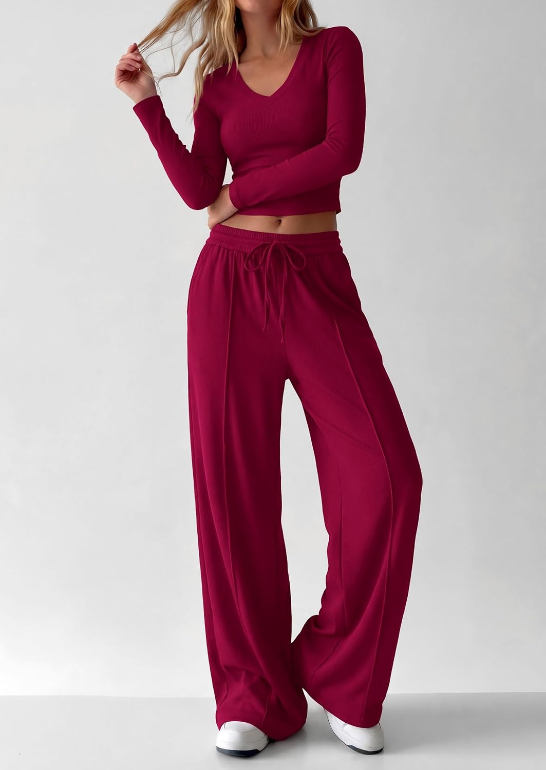 image:imagePRETTYGARDEN Womens 2 Piece Lounge Sets Matching Clothing V Neck Long Sleeve Tops Wide Leg Pants Pockets Airport Travel Outfits Soft Ribbed Knit Drawstring Waist Fall Resort WearBurgundy