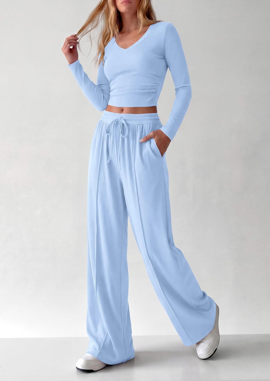 image:imagePRETTYGARDEN Womens 2 Piece Lounge Sets Matching Clothing V Neck Long Sleeve Tops Wide Leg Pants Pockets Airport Travel Outfits Soft Ribbed Knit Drawstring Waist Fall Resort WearLight Blue