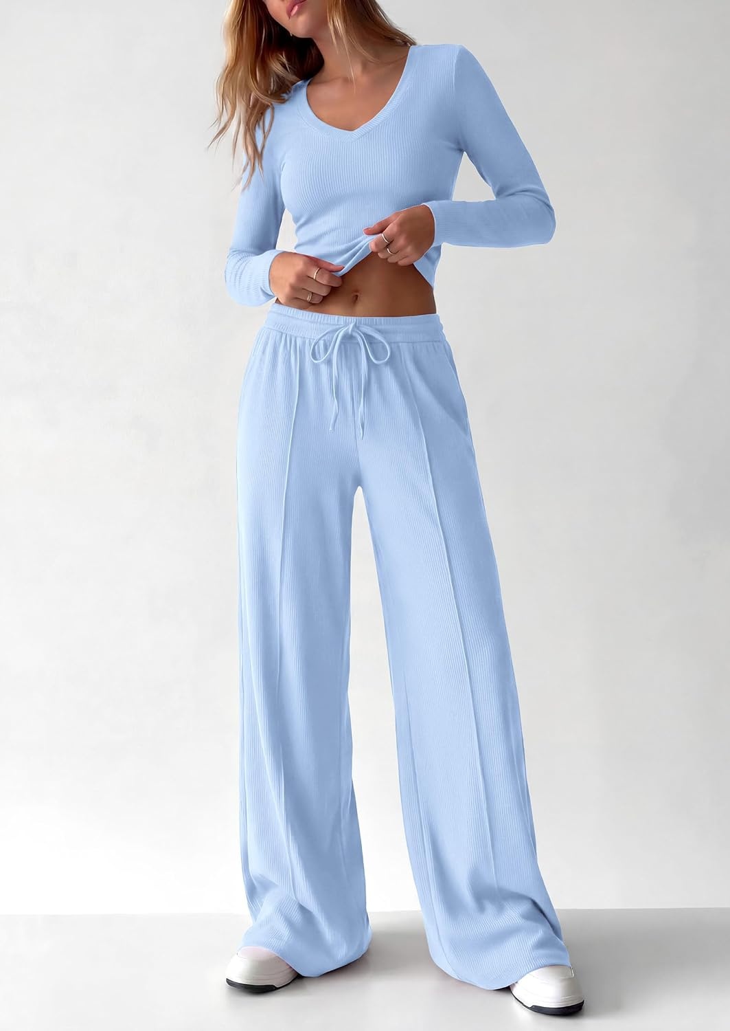 image:imagePRETTYGARDEN Womens 2 Piece Lounge Sets Matching Clothing V Neck Long Sleeve Tops Wide Leg Pants Pockets Airport Travel Outfits Soft Ribbed Knit Drawstring Waist Fall Resort WearLight Blue