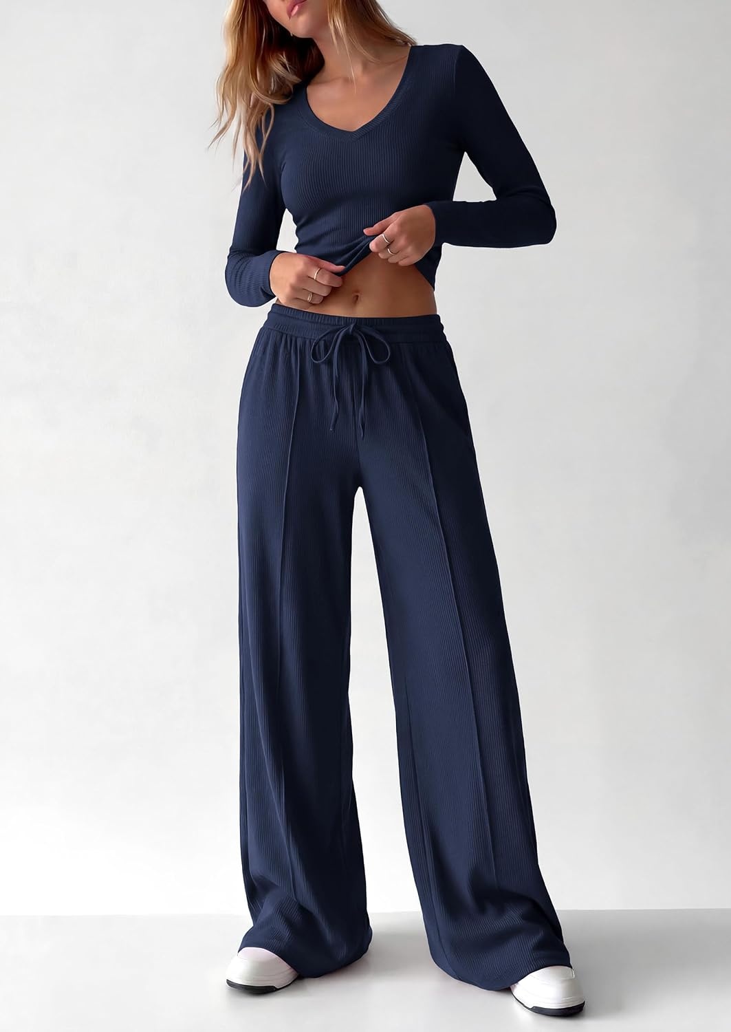 image:imagePRETTYGARDEN Womens 2 Piece Lounge Sets Matching Clothing V Neck Long Sleeve Tops Wide Leg Pants Pockets Airport Travel Outfits Soft Ribbed Knit Drawstring Waist Fall Resort WearNavy Blue