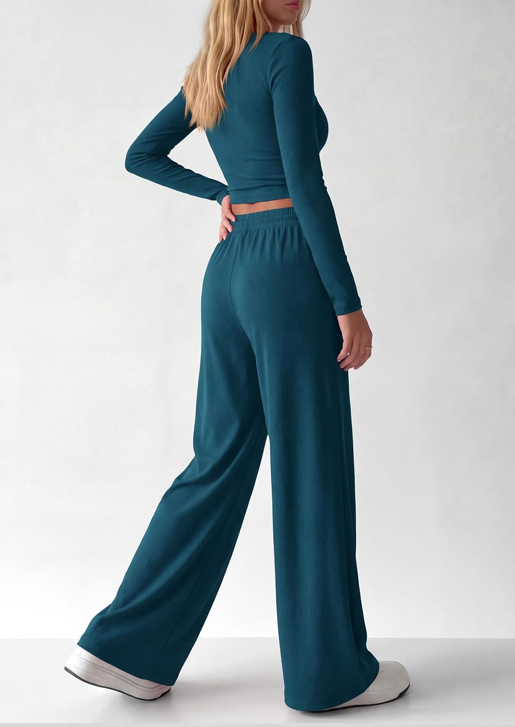image:imagePRETTYGARDEN Womens 2 Piece Lounge Sets Matching Clothing V Neck Long Sleeve Tops Wide Leg Pants Pockets Airport Travel Outfits Soft Ribbed Knit Drawstring Waist Fall Resort WearLake Blue