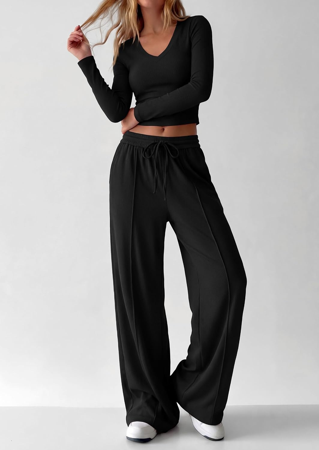 image:imagePRETTYGARDEN Womens 2 Piece Lounge Sets Matching Clothing V Neck Long Sleeve Tops Wide Leg Pants Pockets Airport Travel Outfits Soft Ribbed Knit Drawstring Waist Fall Resort WearBlack