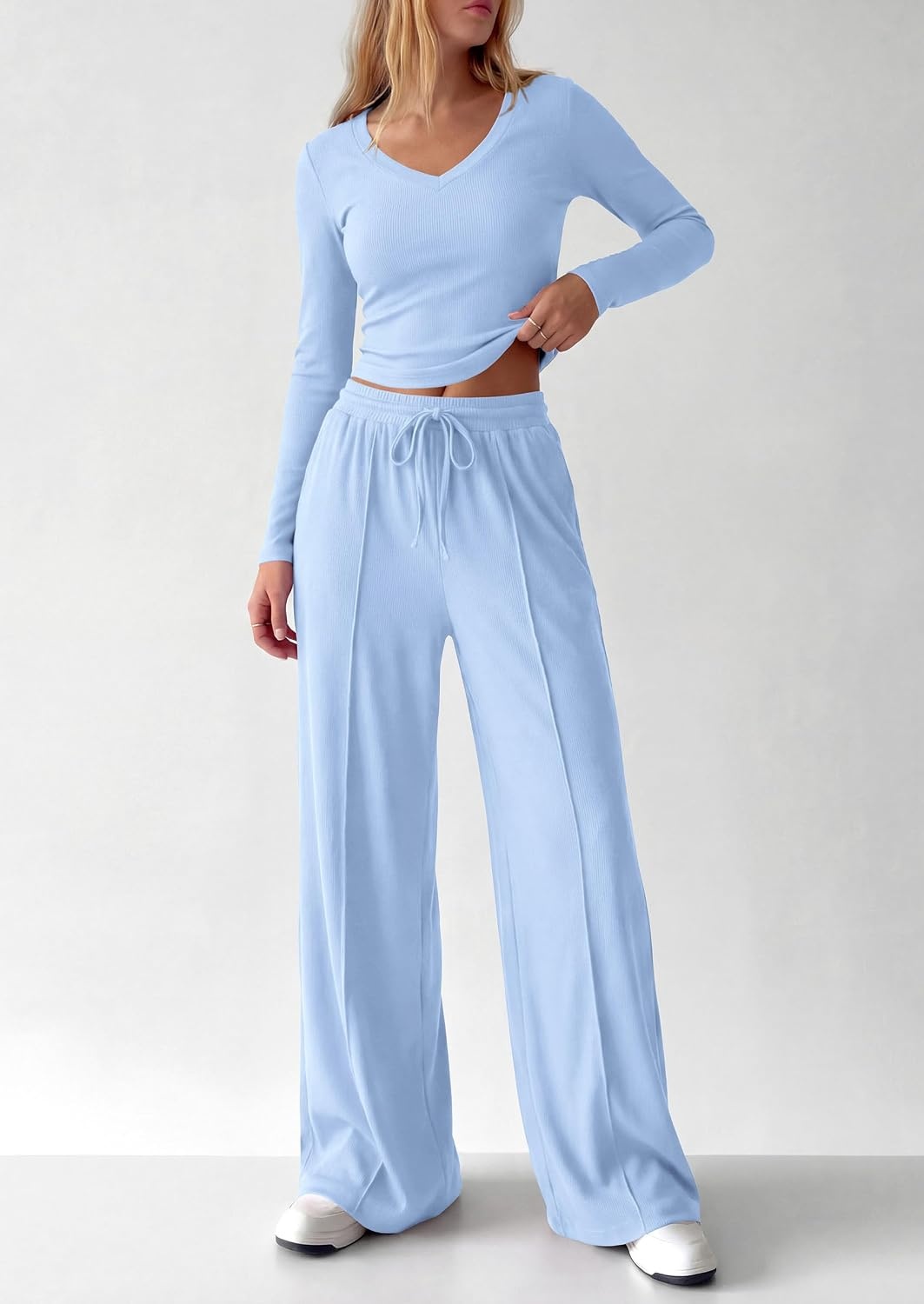 image:imagePRETTYGARDEN Womens 2 Piece Lounge Sets Matching Clothing V Neck Long Sleeve Tops Wide Leg Pants Pockets Airport Travel Outfits Soft Ribbed Knit Drawstring Waist Fall Resort WearLight Blue