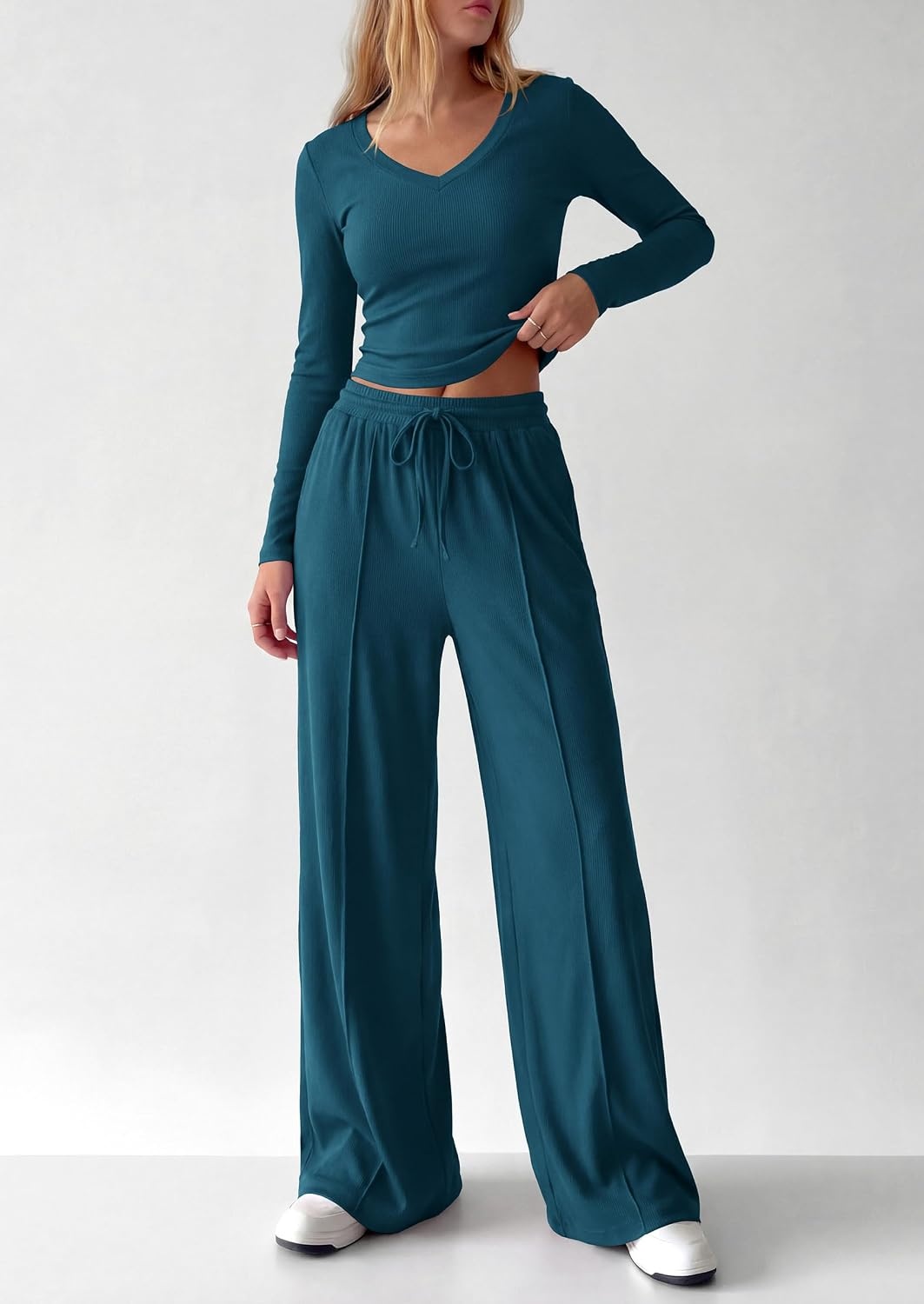 image:imagePRETTYGARDEN Womens 2 Piece Lounge Sets Matching Clothing V Neck Long Sleeve Tops Wide Leg Pants Pockets Airport Travel Outfits Soft Ribbed Knit Drawstring Waist Fall Resort WearLake Blue