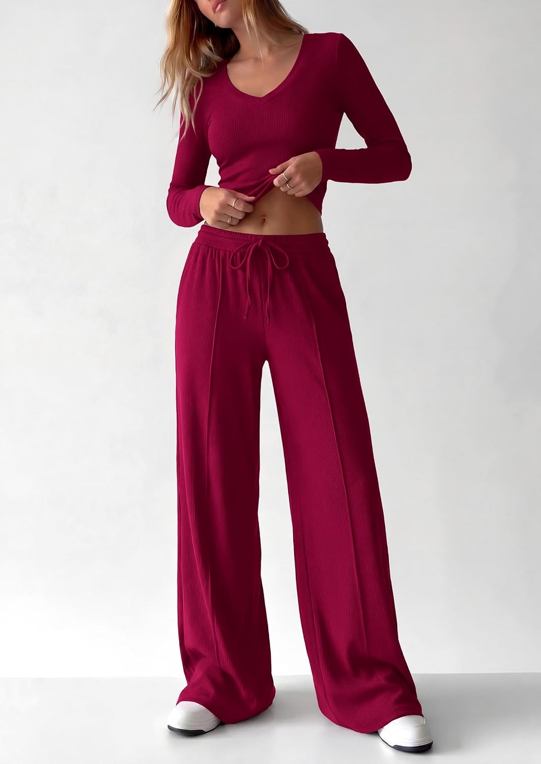 image:imagePRETTYGARDEN Womens 2 Piece Lounge Sets Matching Clothing V Neck Long Sleeve Tops Wide Leg Pants Pockets Airport Travel Outfits Soft Ribbed Knit Drawstring Waist Fall Resort WearBurgundy