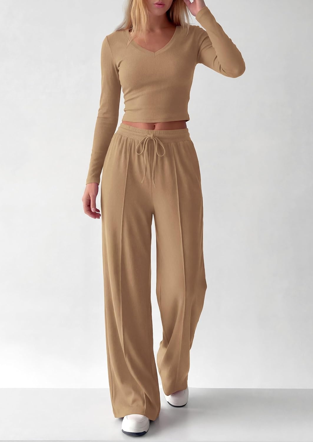 image:imagePRETTYGARDEN Womens 2 Piece Lounge Sets Matching Clothing V Neck Long Sleeve Tops Wide Leg Pants Pockets Airport Travel Outfits Soft Ribbed Knit Drawstring Waist Fall Resort WearCamel