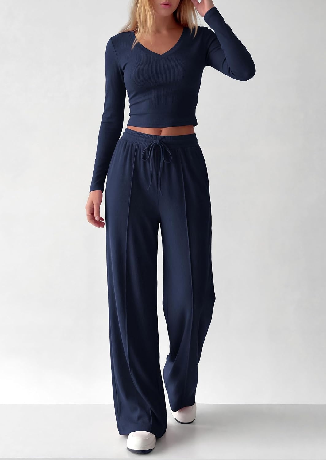 image:imagePRETTYGARDEN Womens 2 Piece Lounge Sets Matching Clothing V Neck Long Sleeve Tops Wide Leg Pants Pockets Airport Travel Outfits Soft Ribbed Knit Drawstring Waist Fall Resort WearNavy Blue