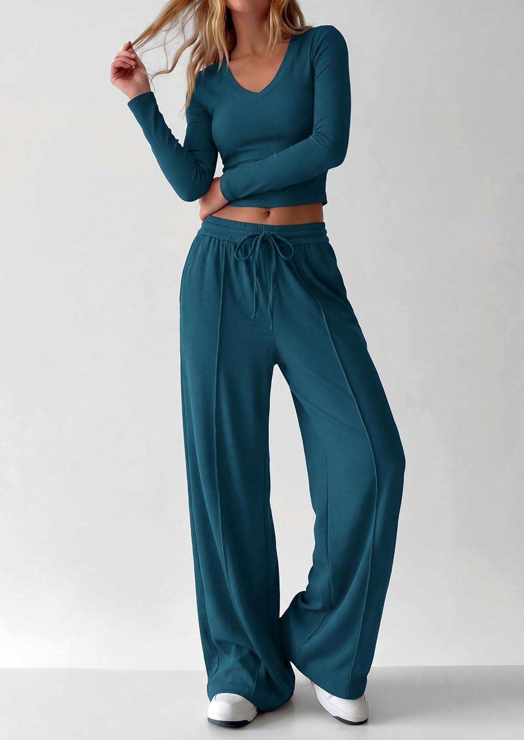 image:imagePRETTYGARDEN Womens 2 Piece Lounge Sets Matching Clothing V Neck Long Sleeve Tops Wide Leg Pants Pockets Airport Travel Outfits Soft Ribbed Knit Drawstring Waist Fall Resort WearLake Blue