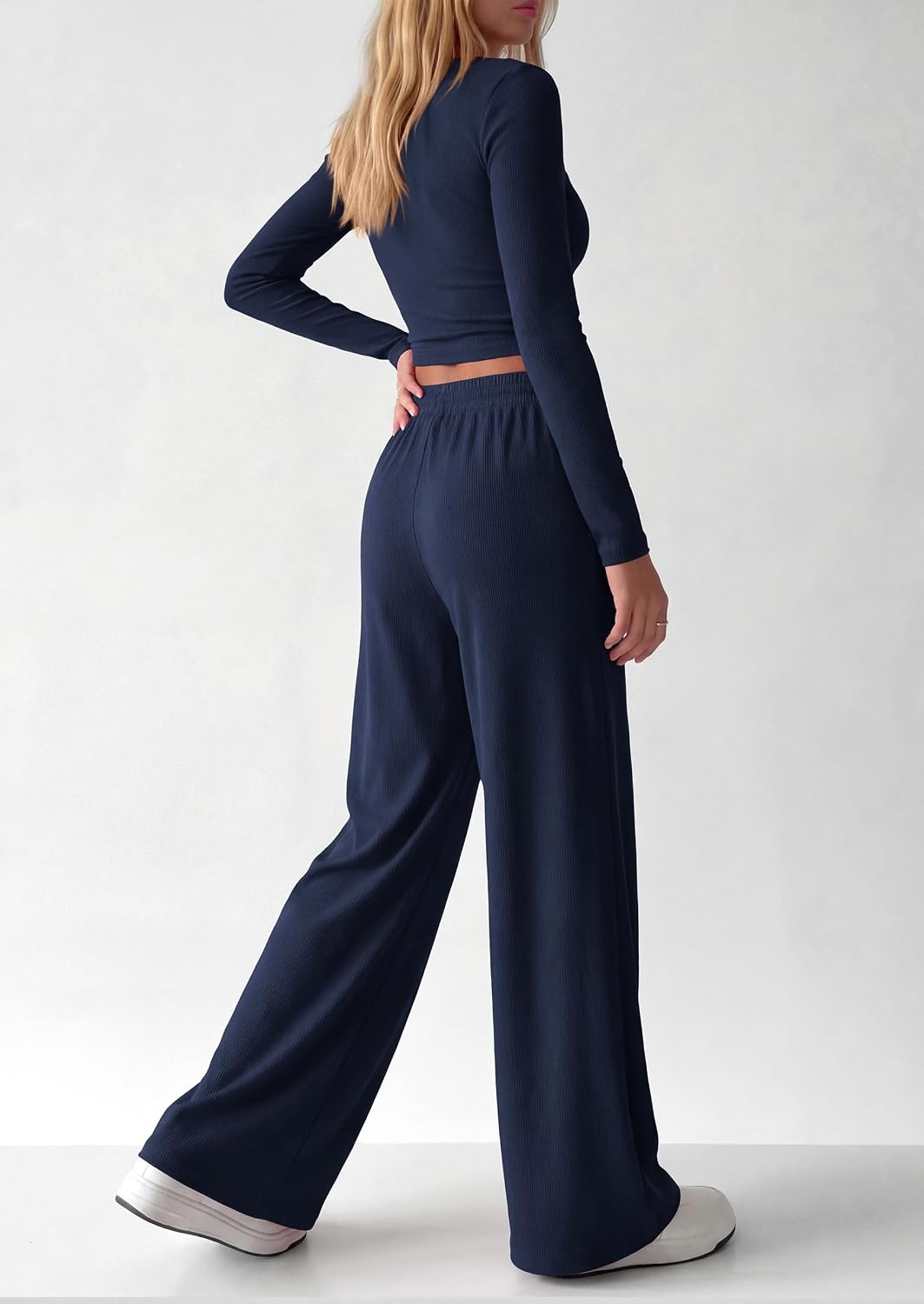 image:imagePRETTYGARDEN Womens 2 Piece Lounge Sets Matching Clothing V Neck Long Sleeve Tops Wide Leg Pants Pockets Airport Travel Outfits Soft Ribbed Knit Drawstring Waist Fall Resort WearNavy Blue