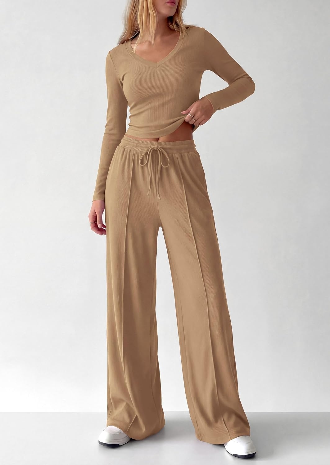 image:imagePRETTYGARDEN Womens 2 Piece Lounge Sets Matching Clothing V Neck Long Sleeve Tops Wide Leg Pants Pockets Airport Travel Outfits Soft Ribbed Knit Drawstring Waist Fall Resort WearCamel