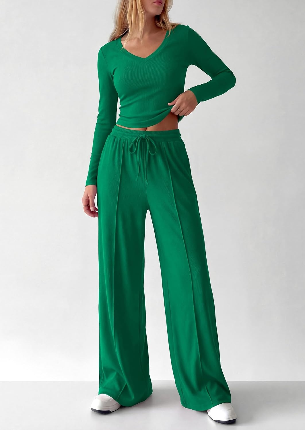 image:imagePRETTYGARDEN Womens 2 Piece Lounge Sets Matching Clothing V Neck Long Sleeve Tops Wide Leg Pants Pockets Airport Travel Outfits Soft Ribbed Knit Drawstring Waist Fall Resort WearGreen