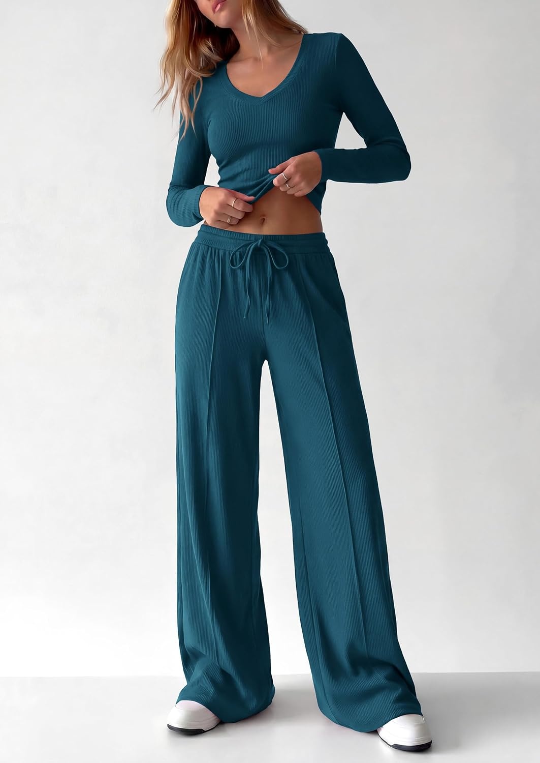 image:imagePRETTYGARDEN Womens 2 Piece Lounge Sets Matching Clothing V Neck Long Sleeve Tops Wide Leg Pants Pockets Airport Travel Outfits Soft Ribbed Knit Drawstring Waist Fall Resort WearLake Blue