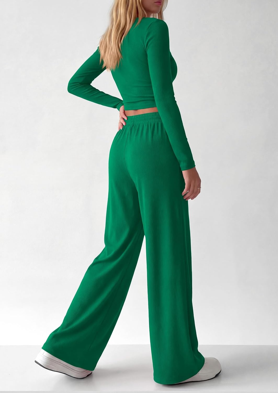 image:imagePRETTYGARDEN Womens 2 Piece Lounge Sets Matching Clothing V Neck Long Sleeve Tops Wide Leg Pants Pockets Airport Travel Outfits Soft Ribbed Knit Drawstring Waist Fall Resort WearGreen