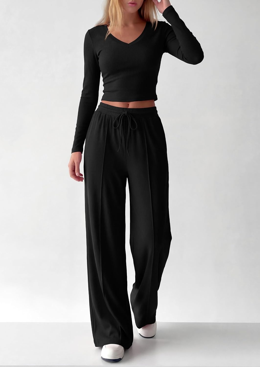 image:imagePRETTYGARDEN Womens 2 Piece Lounge Sets Matching Clothing V Neck Long Sleeve Tops Wide Leg Pants Pockets Airport Travel Outfits Soft Ribbed Knit Drawstring Waist Fall Resort WearBlack