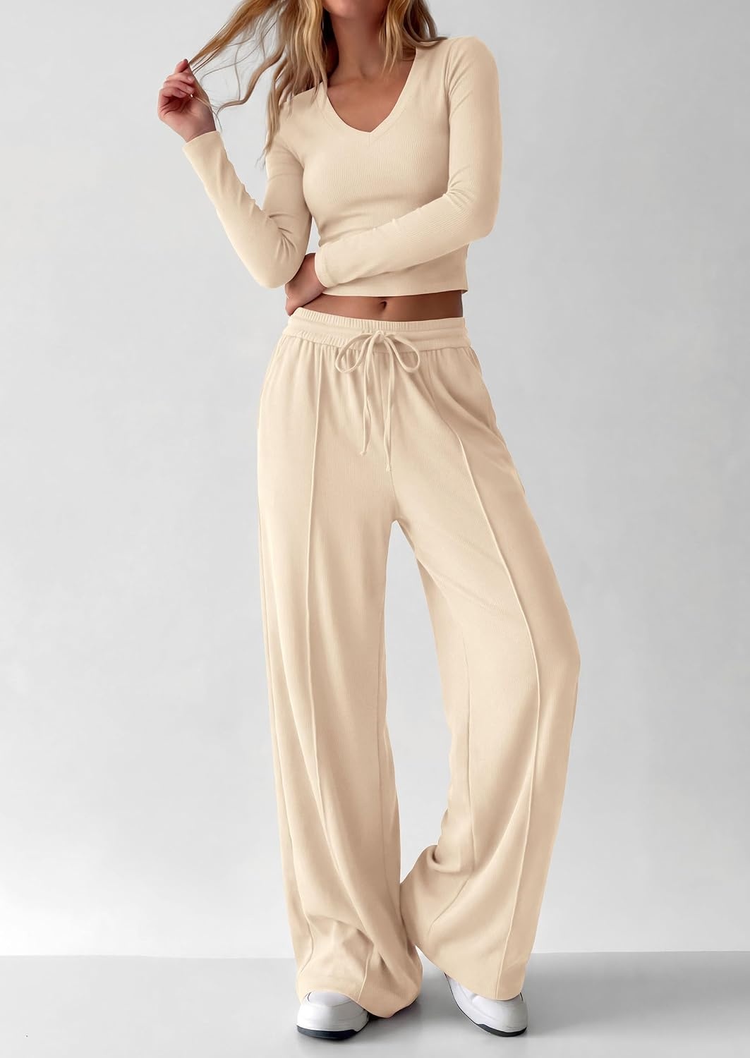 image:imagePRETTYGARDEN Womens 2 Piece Lounge Sets Matching Clothing V Neck Long Sleeve Tops Wide Leg Pants Pockets Airport Travel Outfits Soft Ribbed Knit Drawstring Waist Fall Resort WearBeige