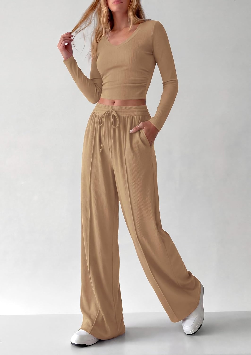 image:imagePRETTYGARDEN Womens 2 Piece Lounge Sets Matching Clothing V Neck Long Sleeve Tops Wide Leg Pants Pockets Airport Travel Outfits Soft Ribbed Knit Drawstring Waist Fall Resort WearCamel
