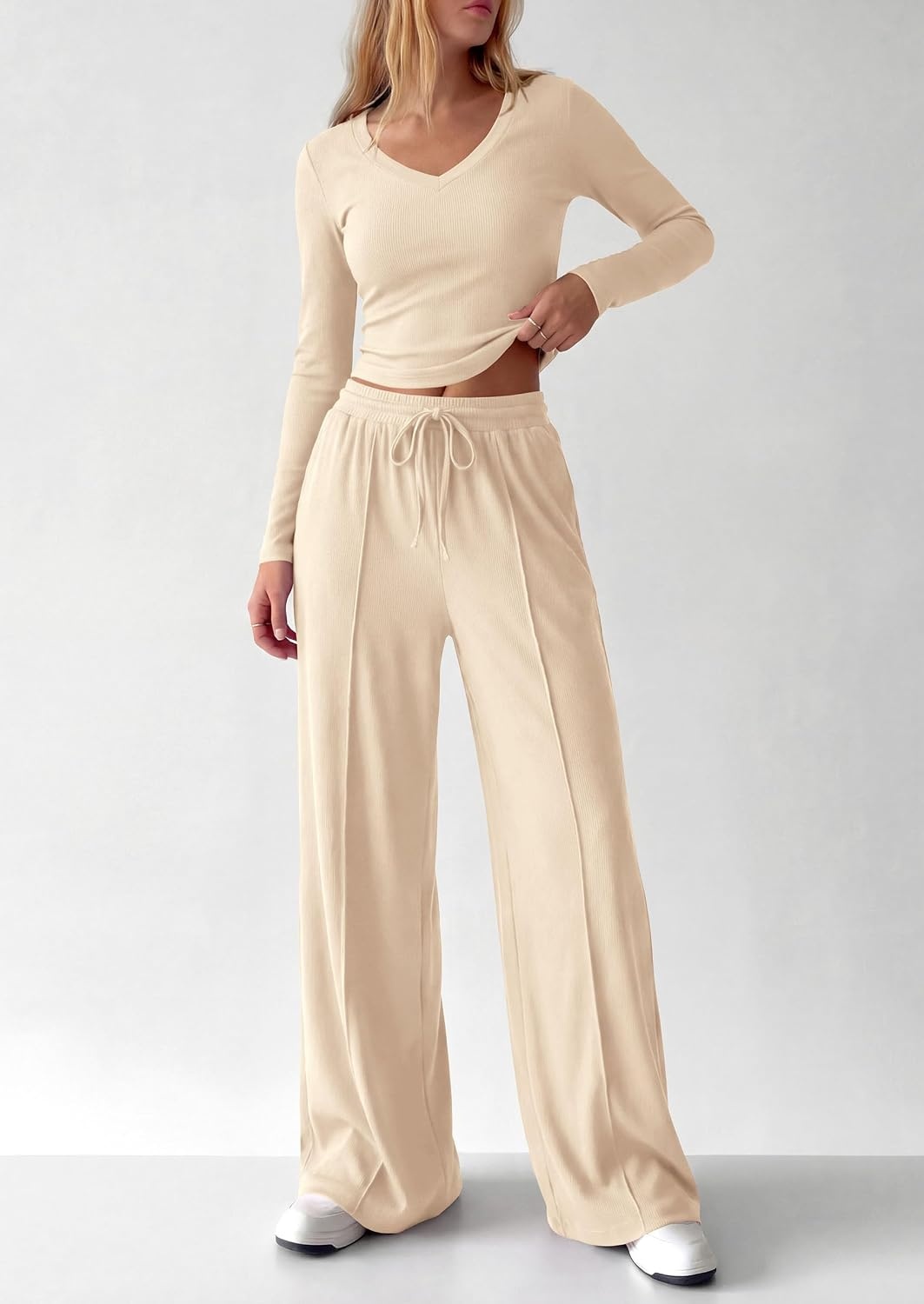image:imagePRETTYGARDEN Womens 2 Piece Lounge Sets Matching Clothing V Neck Long Sleeve Tops Wide Leg Pants Pockets Airport Travel Outfits Soft Ribbed Knit Drawstring Waist Fall Resort WearBeige