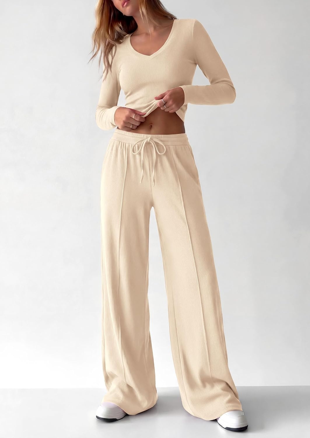 image:imagePRETTYGARDEN Womens 2 Piece Lounge Sets Matching Clothing V Neck Long Sleeve Tops Wide Leg Pants Pockets Airport Travel Outfits Soft Ribbed Knit Drawstring Waist Fall Resort WearBeige