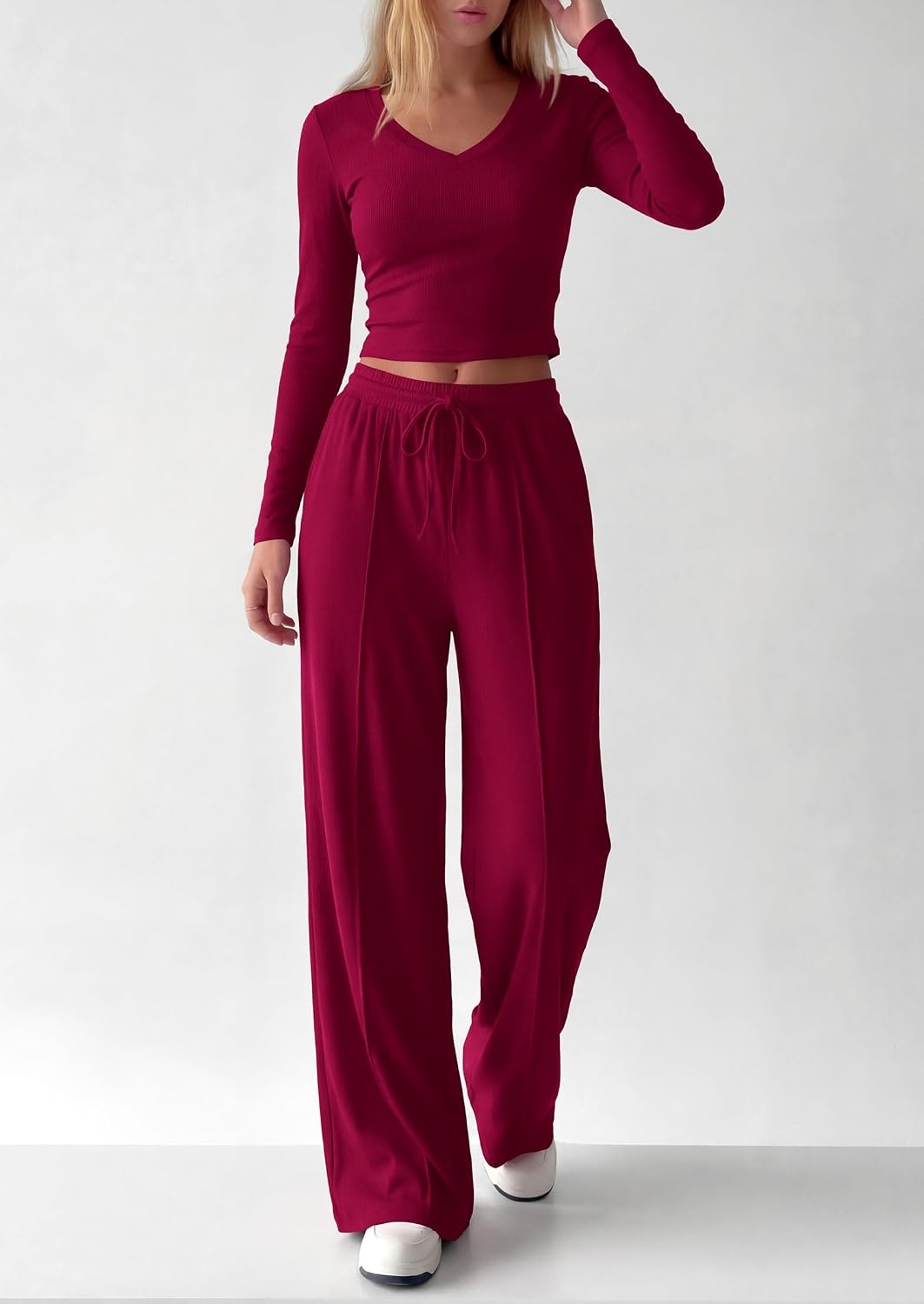 image:imagePRETTYGARDEN Womens 2 Piece Lounge Sets Matching Clothing V Neck Long Sleeve Tops Wide Leg Pants Pockets Airport Travel Outfits Soft Ribbed Knit Drawstring Waist Fall Resort WearBurgundy