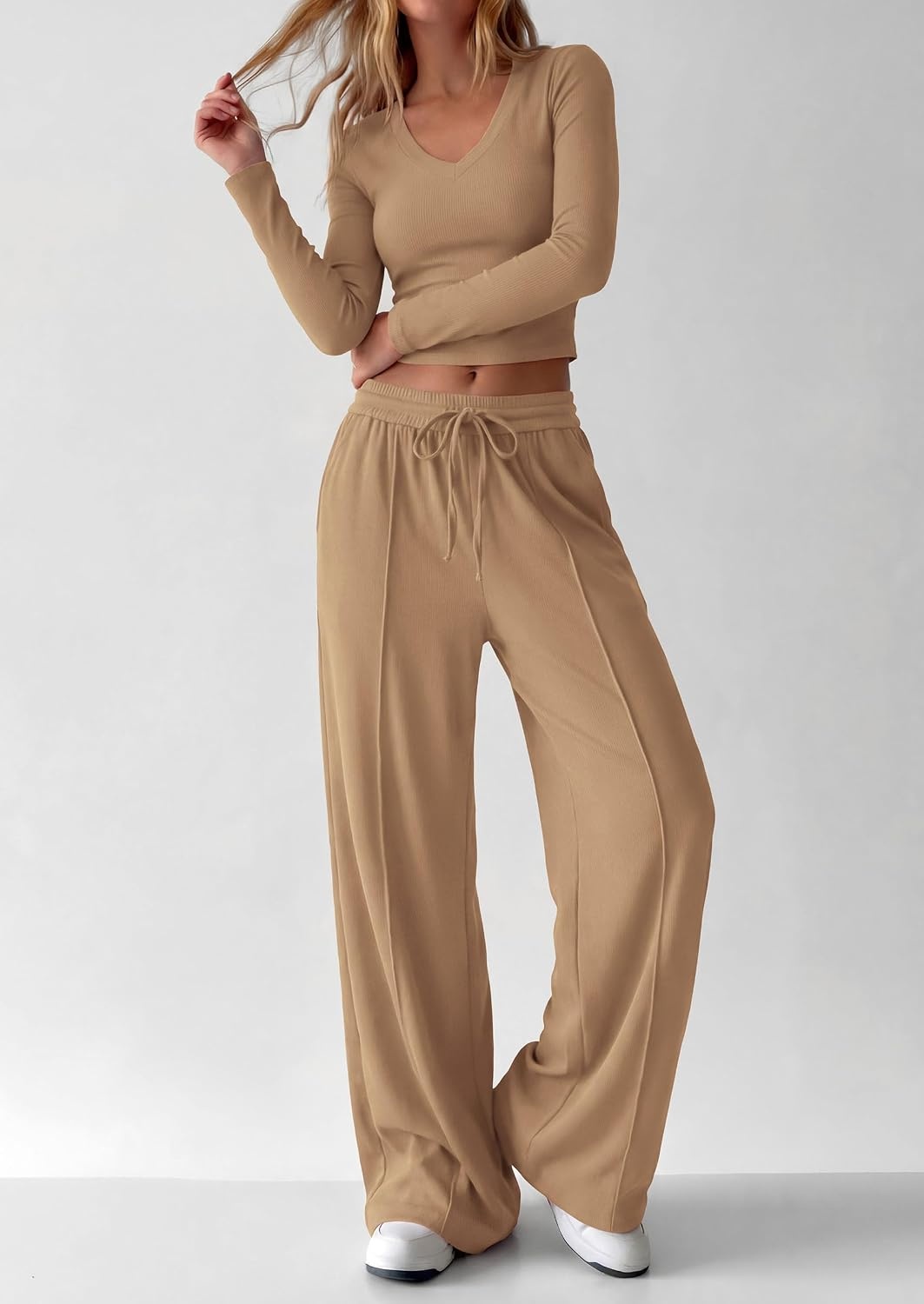 image:imagePRETTYGARDEN Womens 2 Piece Lounge Sets Matching Clothing V Neck Long Sleeve Tops Wide Leg Pants Pockets Airport Travel Outfits Soft Ribbed Knit Drawstring Waist Fall Resort WearCamel
