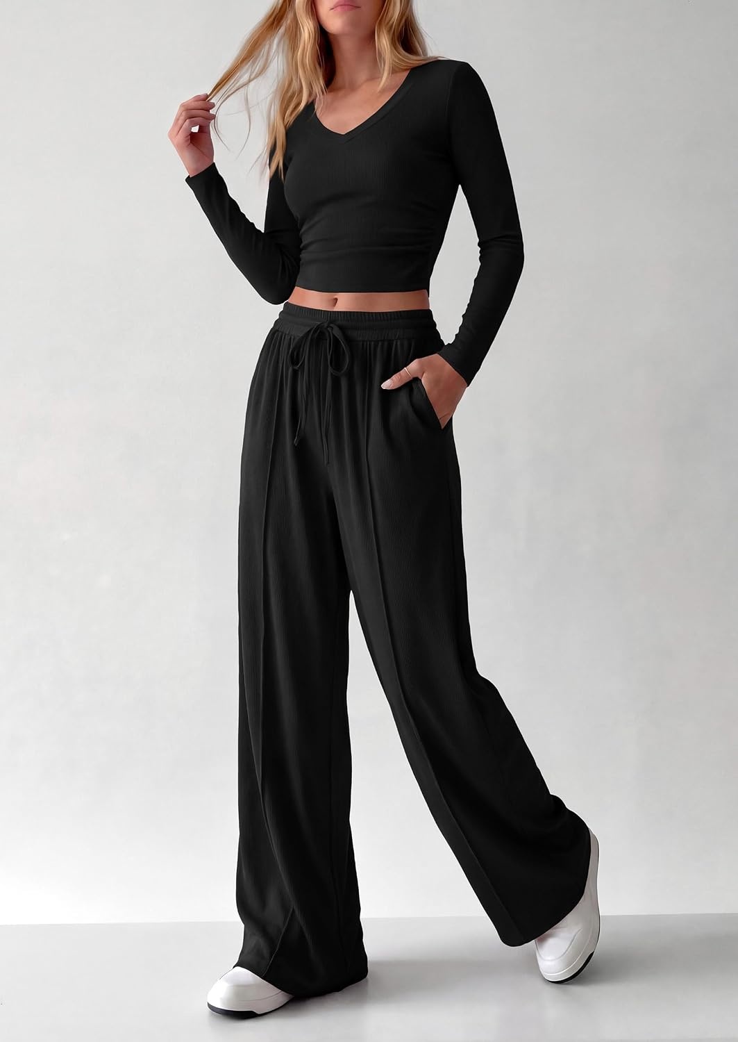 image:imagePRETTYGARDEN Womens 2 Piece Lounge Sets Matching Clothing V Neck Long Sleeve Tops Wide Leg Pants Pockets Airport Travel Outfits Soft Ribbed Knit Drawstring Waist Fall Resort WearBlack