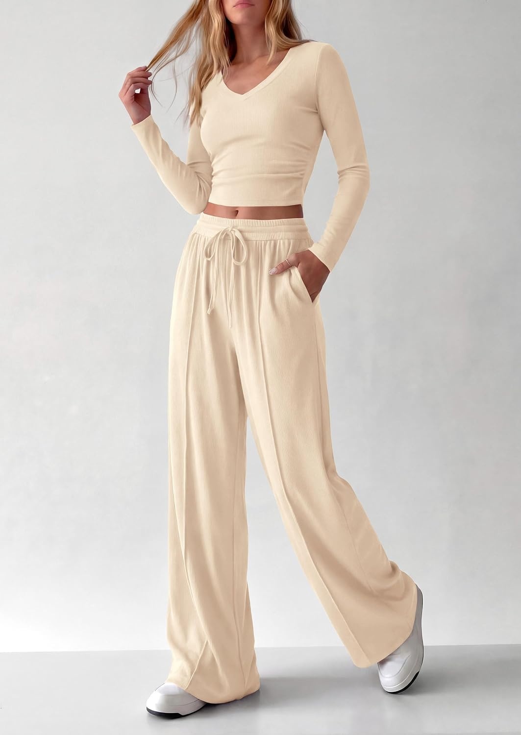 image:imagePRETTYGARDEN Womens 2 Piece Lounge Sets Matching Clothing V Neck Long Sleeve Tops Wide Leg Pants Pockets Airport Travel Outfits Soft Ribbed Knit Drawstring Waist Fall Resort WearBeige