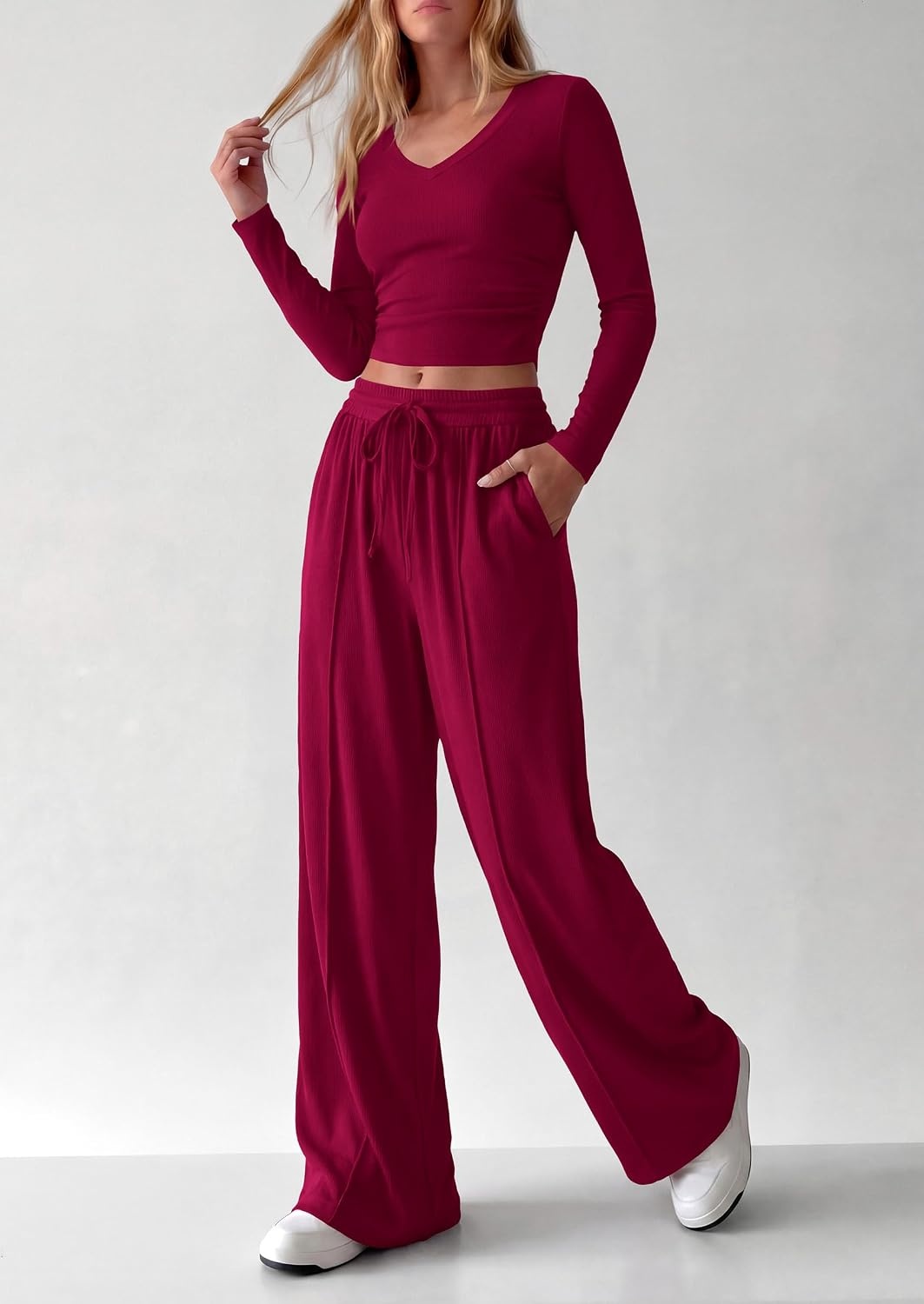 image:imagePRETTYGARDEN Womens 2 Piece Lounge Sets Matching Clothing V Neck Long Sleeve Tops Wide Leg Pants Pockets Airport Travel Outfits Soft Ribbed Knit Drawstring Waist Fall Resort WearBurgundy