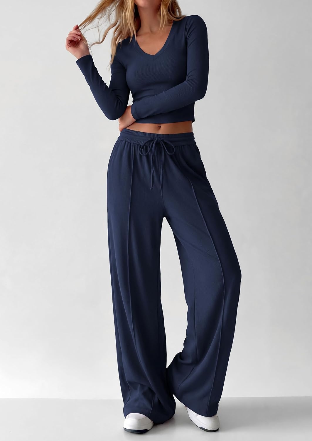 image:imagePRETTYGARDEN Womens 2 Piece Lounge Sets Matching Clothing V Neck Long Sleeve Tops Wide Leg Pants Pockets Airport Travel Outfits Soft Ribbed Knit Drawstring Waist Fall Resort WearNavy Blue