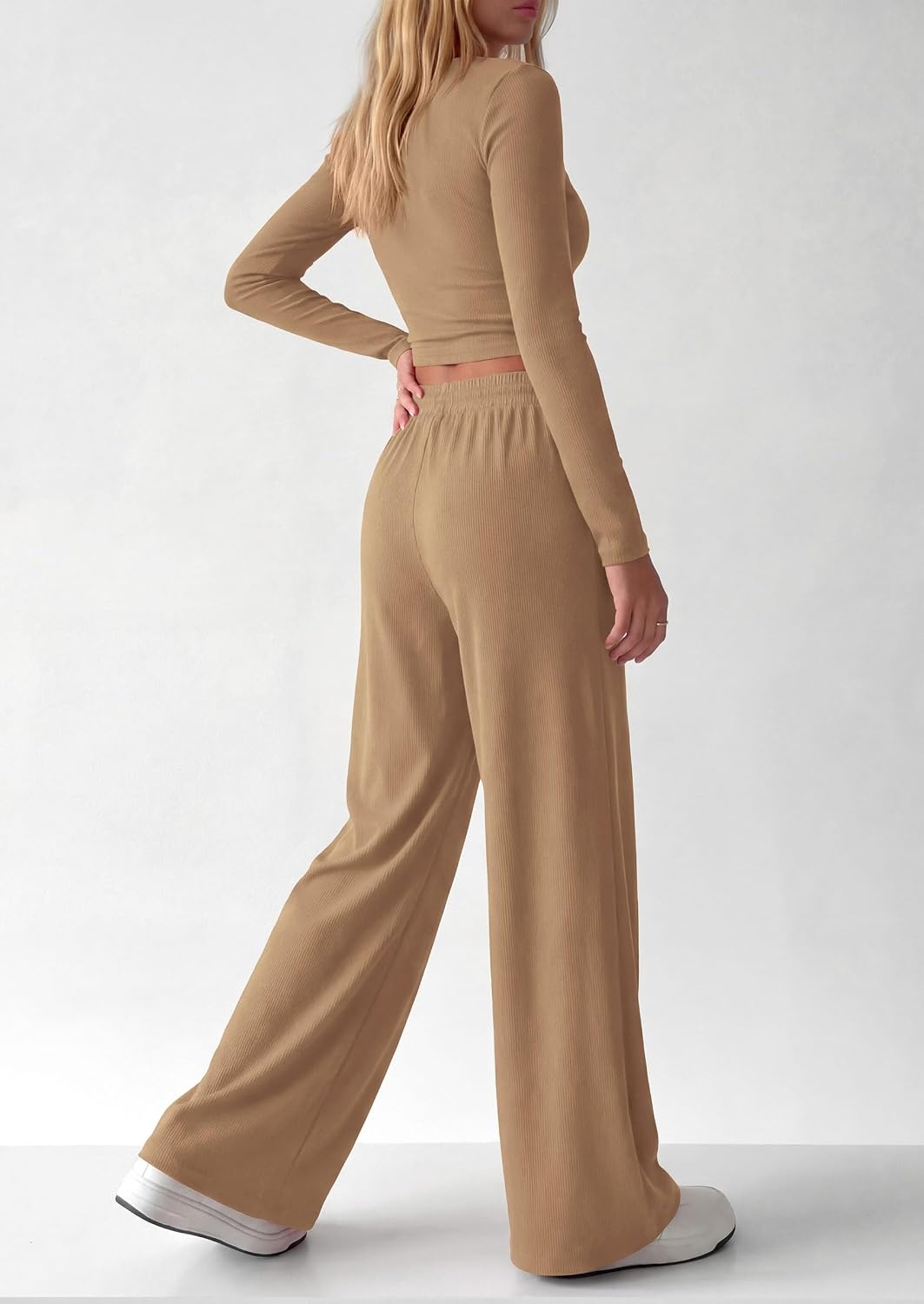 image:imagePRETTYGARDEN Womens 2 Piece Lounge Sets Matching Clothing V Neck Long Sleeve Tops Wide Leg Pants Pockets Airport Travel Outfits Soft Ribbed Knit Drawstring Waist Fall Resort WearCamel
