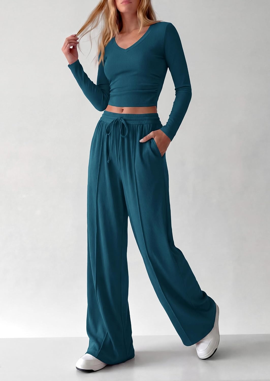 image:imagePRETTYGARDEN Womens 2 Piece Lounge Sets Matching Clothing V Neck Long Sleeve Tops Wide Leg Pants Pockets Airport Travel Outfits Soft Ribbed Knit Drawstring Waist Fall Resort WearLake Blue