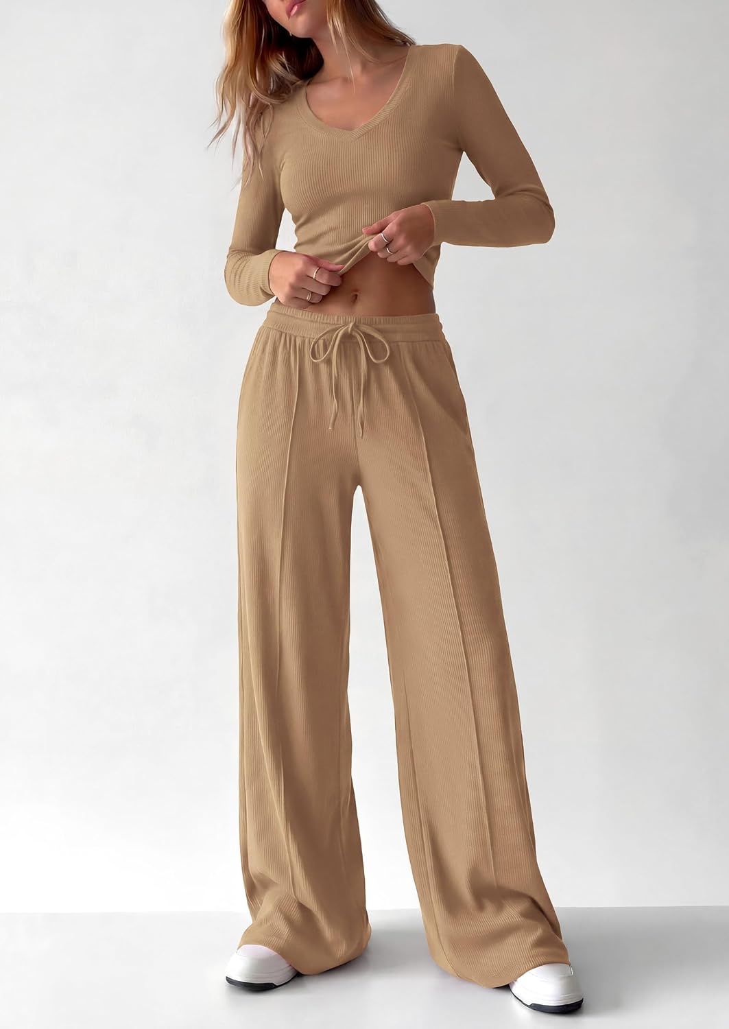 image:imagePRETTYGARDEN Womens 2 Piece Lounge Sets Matching Clothing V Neck Long Sleeve Tops Wide Leg Pants Pockets Airport Travel Outfits Soft Ribbed Knit Drawstring Waist Fall Resort WearCamel
