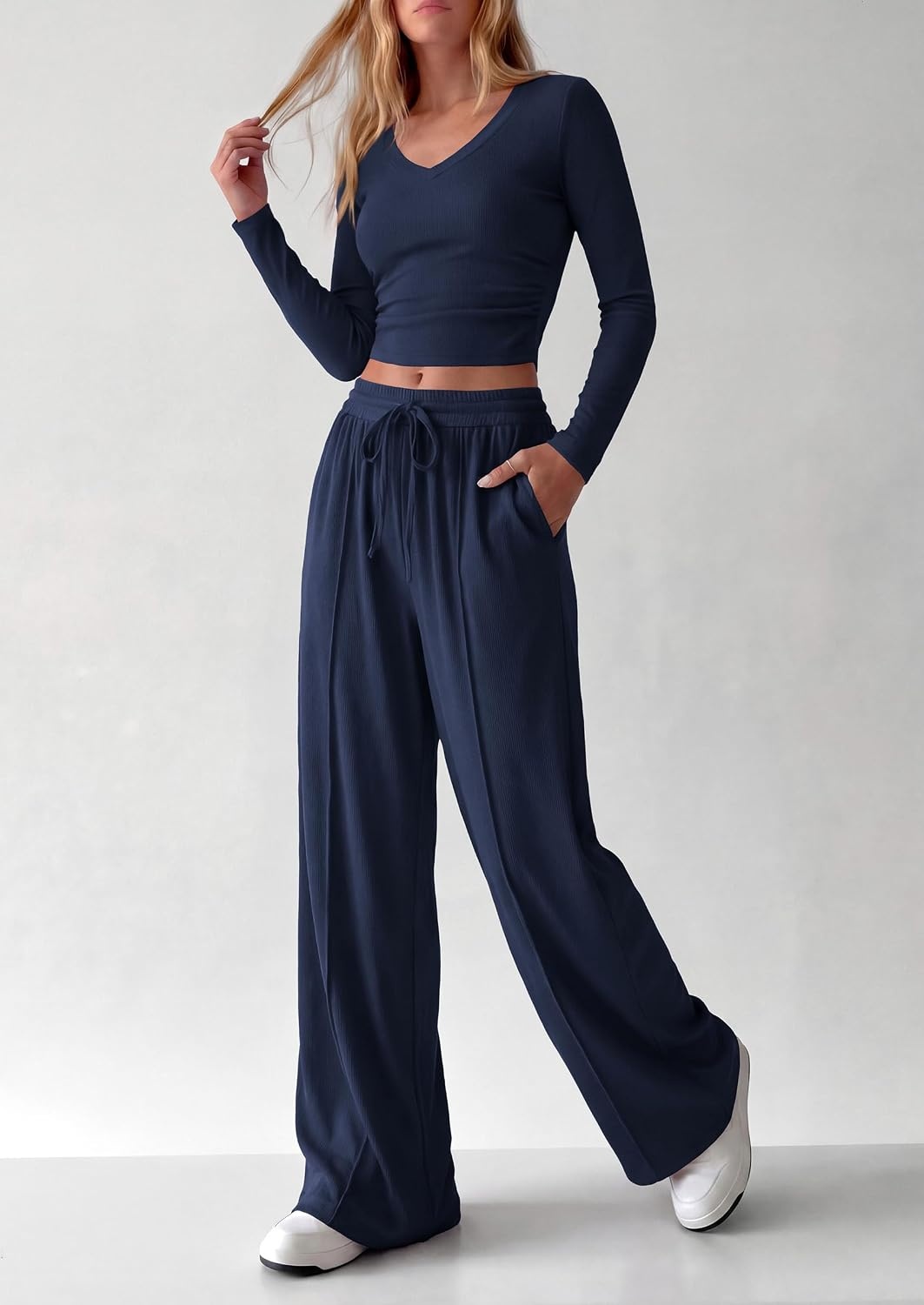 image:imagePRETTYGARDEN Womens 2 Piece Lounge Sets Matching Clothing V Neck Long Sleeve Tops Wide Leg Pants Pockets Airport Travel Outfits Soft Ribbed Knit Drawstring Waist Fall Resort WearNavy Blue