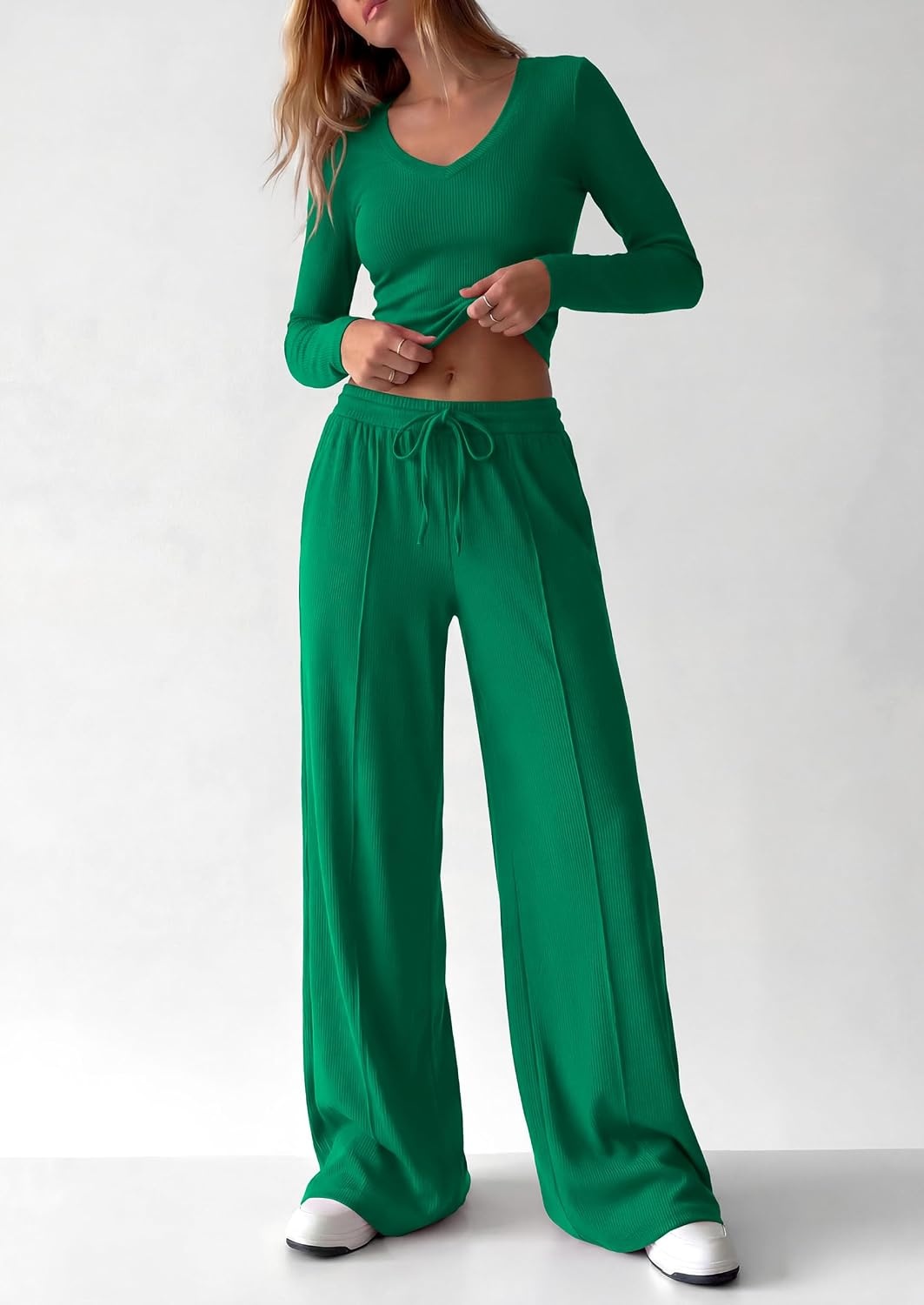 image:imagePRETTYGARDEN Womens 2 Piece Lounge Sets Matching Clothing V Neck Long Sleeve Tops Wide Leg Pants Pockets Airport Travel Outfits Soft Ribbed Knit Drawstring Waist Fall Resort WearGreen