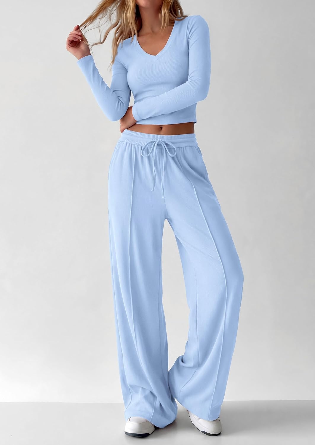 image:imagePRETTYGARDEN Womens 2 Piece Lounge Sets Matching Clothing V Neck Long Sleeve Tops Wide Leg Pants Pockets Airport Travel Outfits Soft Ribbed Knit Drawstring Waist Fall Resort WearLight Blue