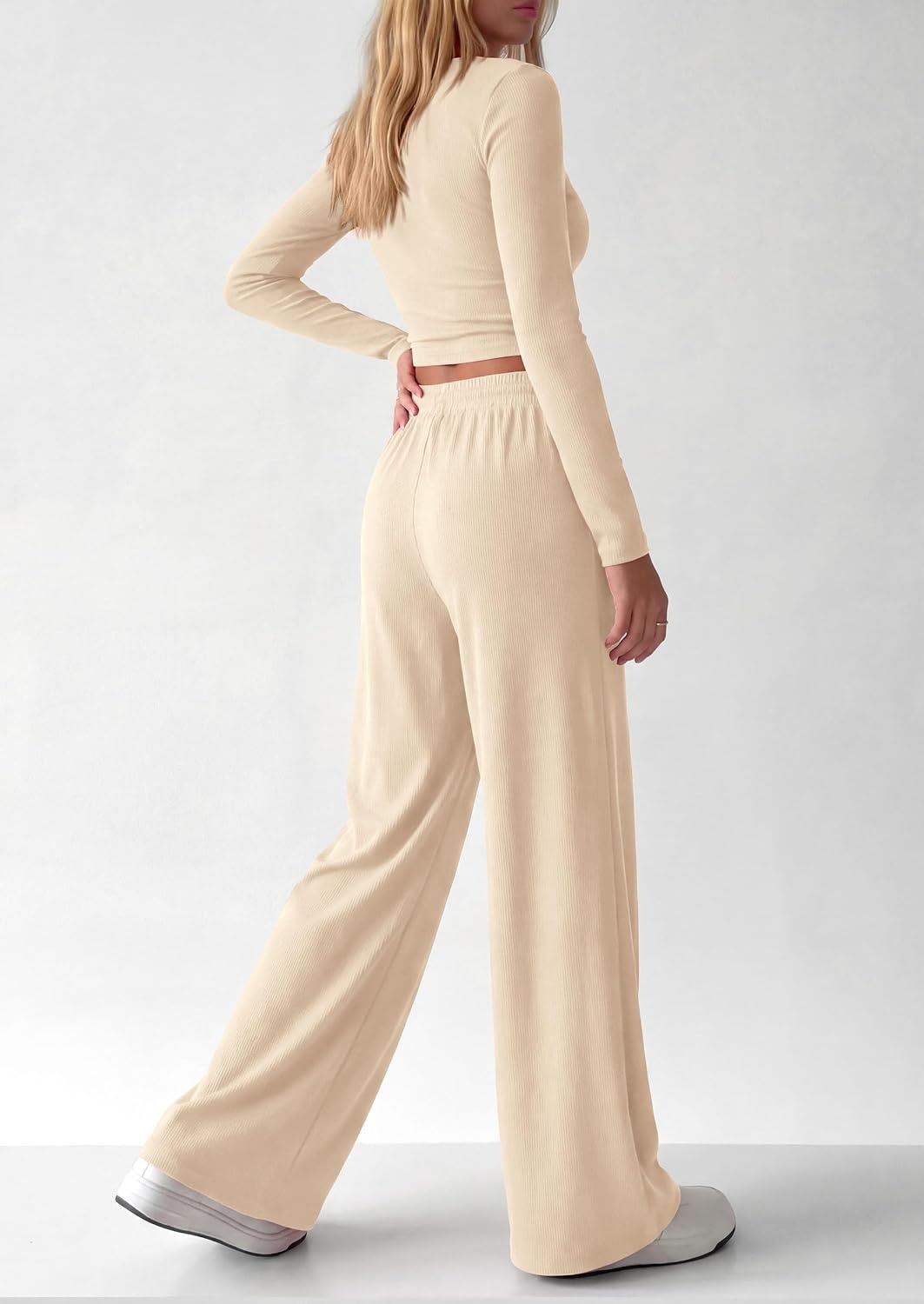 image:imagePRETTYGARDEN Womens 2 Piece Lounge Sets Matching Clothing V Neck Long Sleeve Tops Wide Leg Pants Pockets Airport Travel Outfits Soft Ribbed Knit Drawstring Waist Fall Resort WearBeige