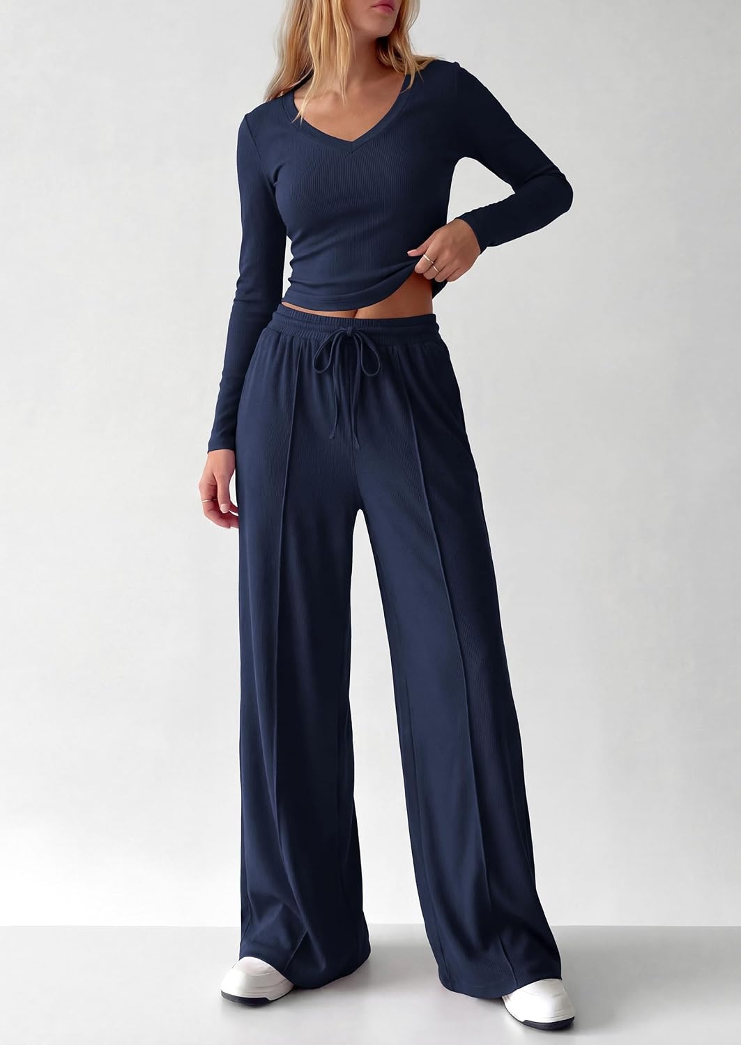 image:imagePRETTYGARDEN Womens 2 Piece Lounge Sets Matching Clothing V Neck Long Sleeve Tops Wide Leg Pants Pockets Airport Travel Outfits Soft Ribbed Knit Drawstring Waist Fall Resort WearNavy Blue