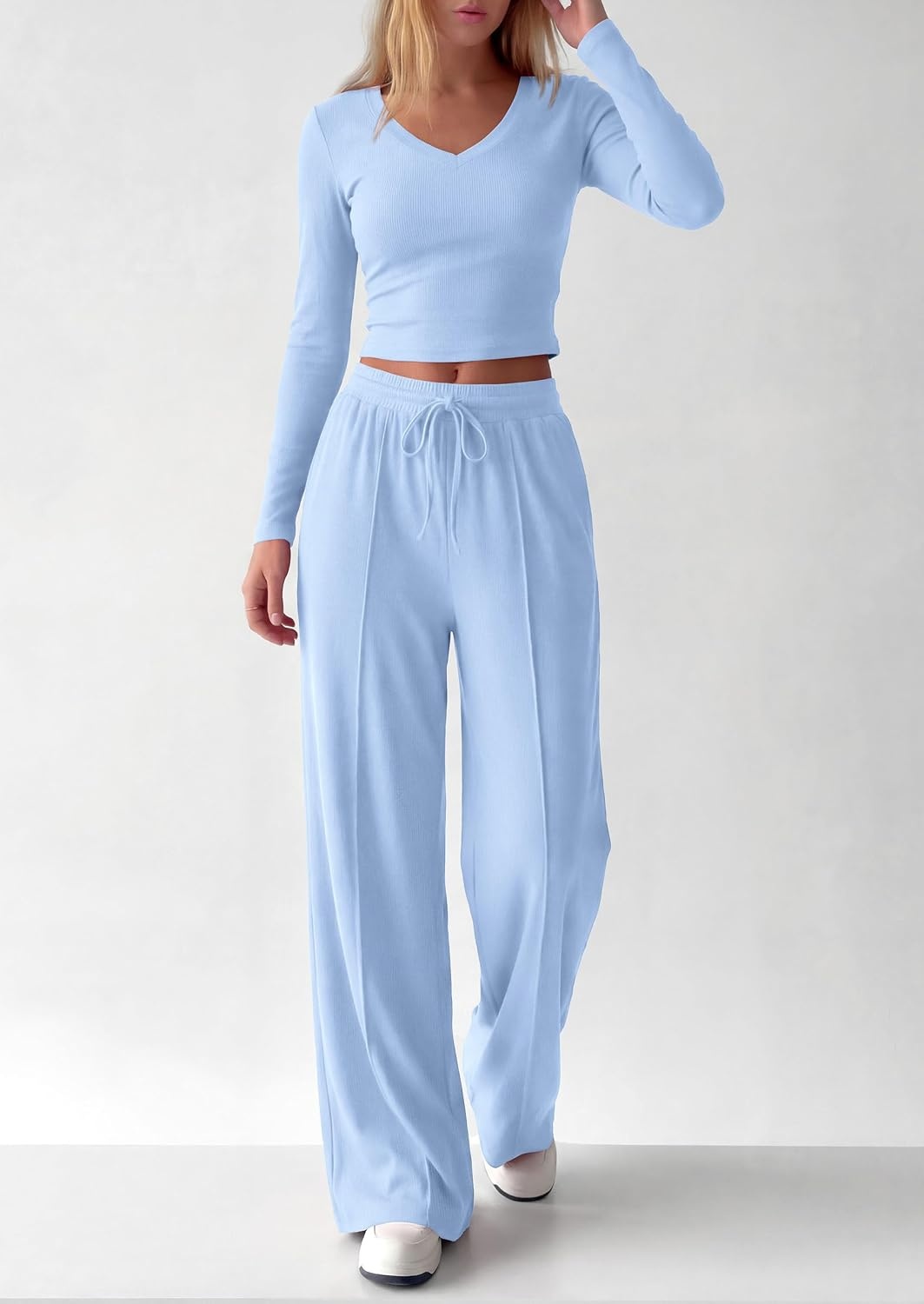 image:imagePRETTYGARDEN Womens 2 Piece Lounge Sets Matching Clothing V Neck Long Sleeve Tops Wide Leg Pants Pockets Airport Travel Outfits Soft Ribbed Knit Drawstring Waist Fall Resort WearLight Blue