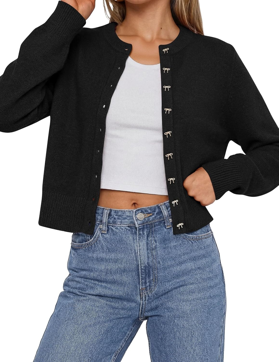 image:imagePRETTYGARDEN Womens Cropped Button Up Knit Cardigan Sweater Cute Crewneck Long Sleeve Lightweight Tops 2026 Fall Trendy Slim Fit Soft Cozy Casual Cardigans Holiday Party SweatersBlack