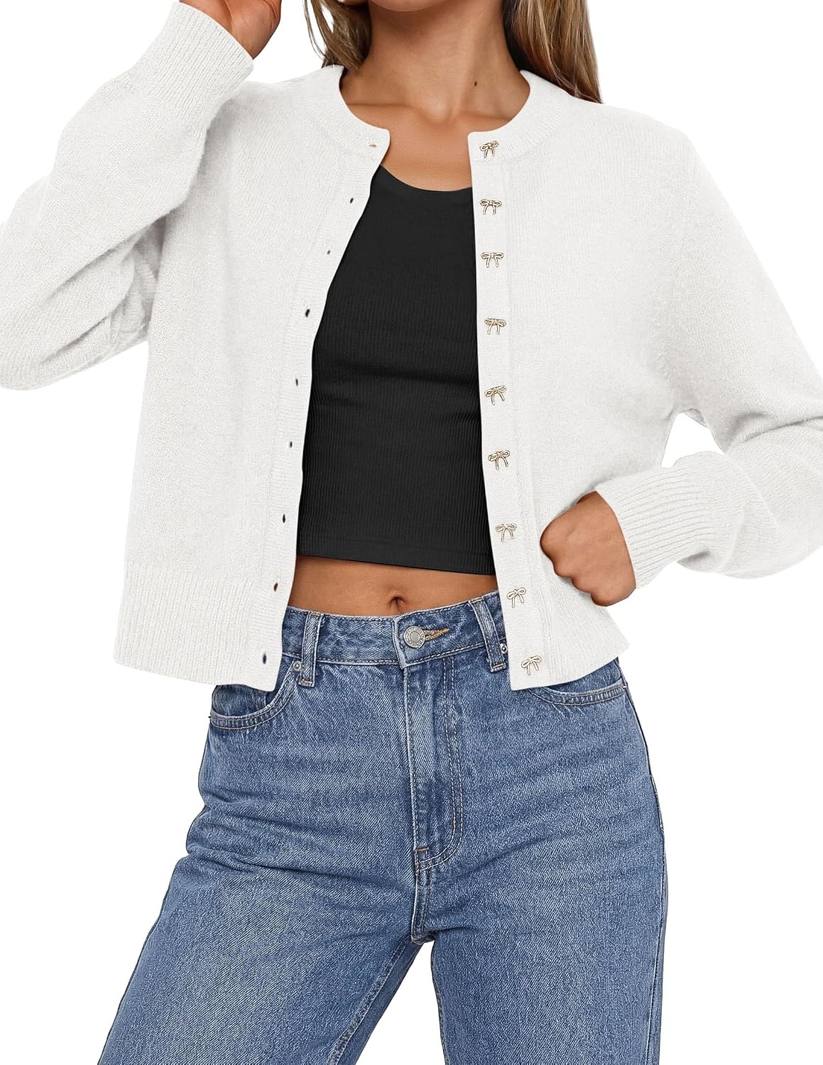 image:imagePRETTYGARDEN Womens Cropped Button Up Knit Cardigan Sweater Cute Crewneck Long Sleeve Lightweight Tops 2026 Fall Trendy Slim Fit Soft Cozy Casual Cardigans Holiday Party SweatersWhite